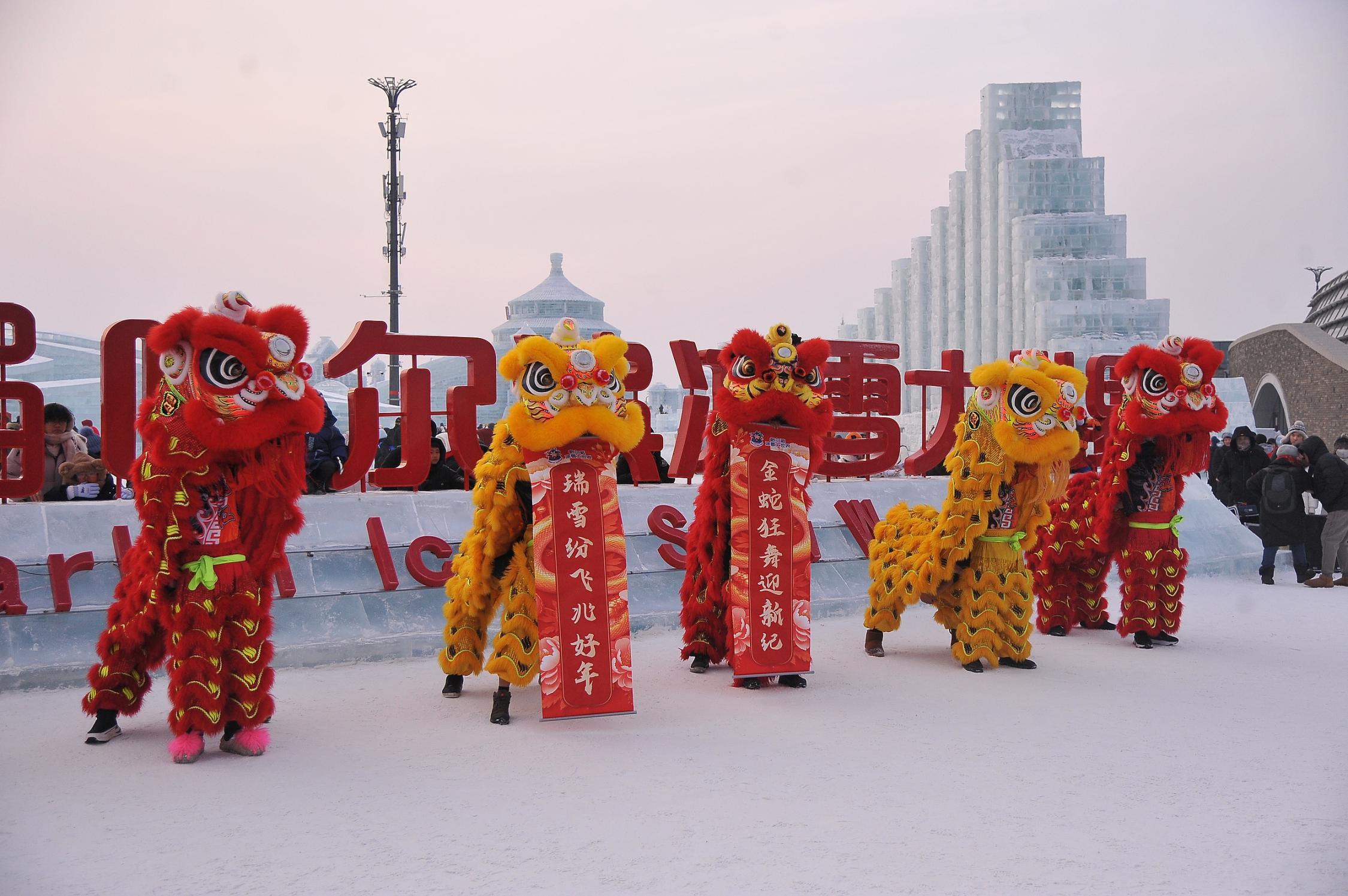 日前，哈爾濱冰雪大世界上演精彩的舞獅表演。（圖片來源：視覺中國）